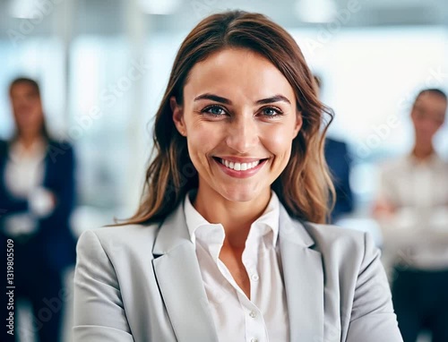 Wallpaper Mural Confident Businesswoman Smiling With Folded Arms Leading Her Business Team In An Office Torontodigital.ca