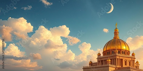 Golden Dome Church Sunset Clouds Crescent Moon Peaceful Sky