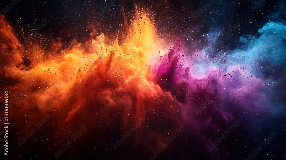 Cosmic explosion of Holi powders in vibrant colors with dust and smoke creating a dynamic motion effect set against a dark abstract background Cosmic explosion of Holi powders in vibrant colors with dust and smoke creating a dynamic motion effect set against a dark abstract background