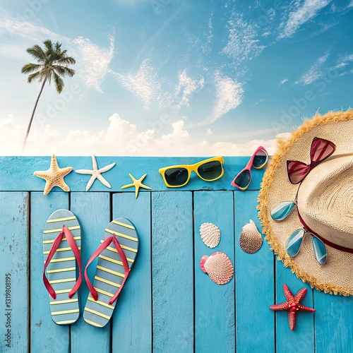 Hello Summer lettering with shells and palm leaves on sand background.,Beach accessories on blue wooden background. 