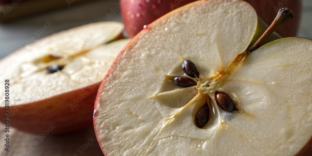 Freshly sliced apples revealing their juicy texture and seeds on a wooden surface in natural light during the afternoon