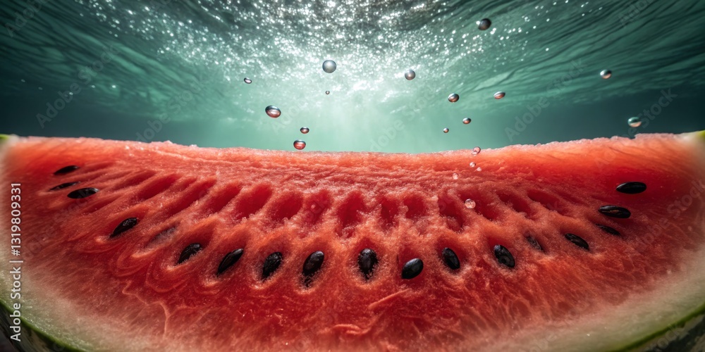 Watermelon slice submerged in clear water with vibrant bubbles creating a refreshing underwater view
