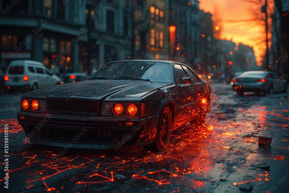 a car driving down a street with fire coming out of it a car driving down a street with fire coming out of it
