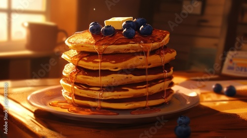 a stack of fluffy pancakes topped with butter, maple syrup dripping down the sides, and fresh blueberries scattered on top