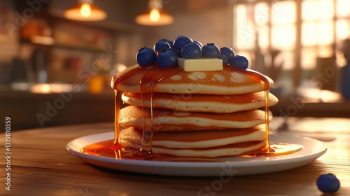 a stack of fluffy pancakes topped with butter, maple syrup dripping down the sides, and fresh blueberries scattered on top