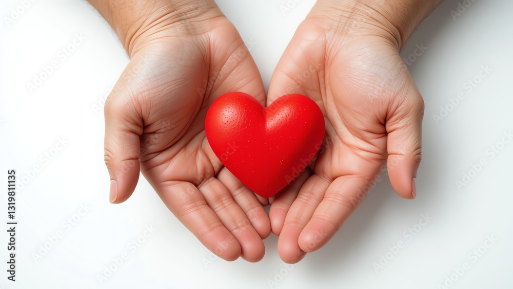 Two hands gently cradle a red heart, symbolizing love, care, and compassion in a simple and elegant presentation. Two hands gently cradle a red heart, symbolizing love, care, and compassion in a simple and elegant presentation.