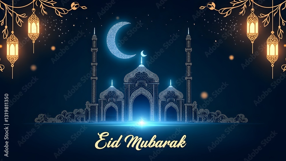 Eid Mubarak Card with Crescent and Lantern Glow Eid Mubarak Card with Crescent and Lantern Glow
