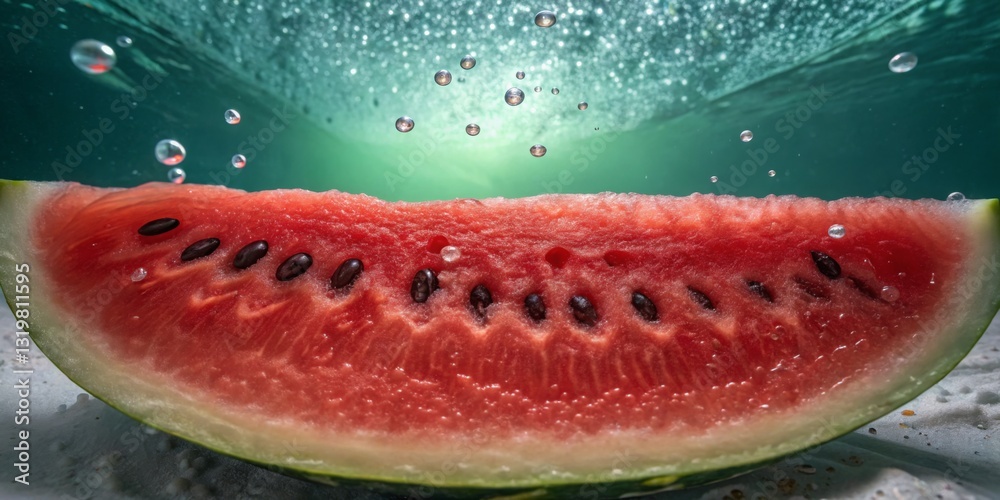 Refreshing watermelon slice submerged in water with bubbles rising during a summer day