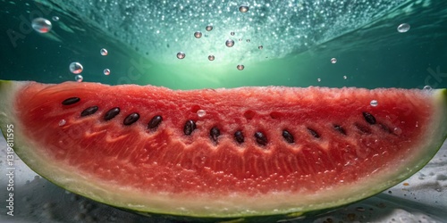 Obraz na płótnie Refreshing watermelon slice submerged in water with bubbles rising during a summer day w salonie
