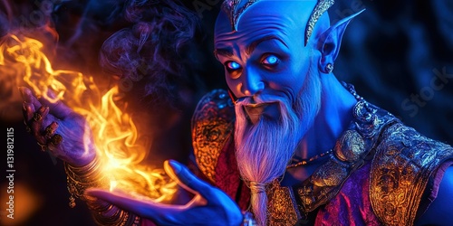 Modern stylish genie - contemporary blue-skinned magi granting wishes