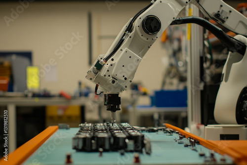 Robotic manipulator installs components on factory line photo