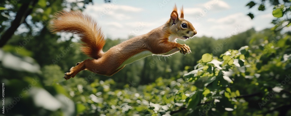 Obraz premium A brown squirrel jumping midair amidst green foliage and sky