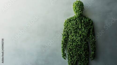 Green foliage shaped as a human figure against a grey background.