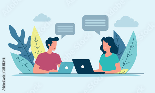 Collaborative Workflow with Two Professionals, Virtual Meeting, Digital Communication, and Teamwork Using Laptops
