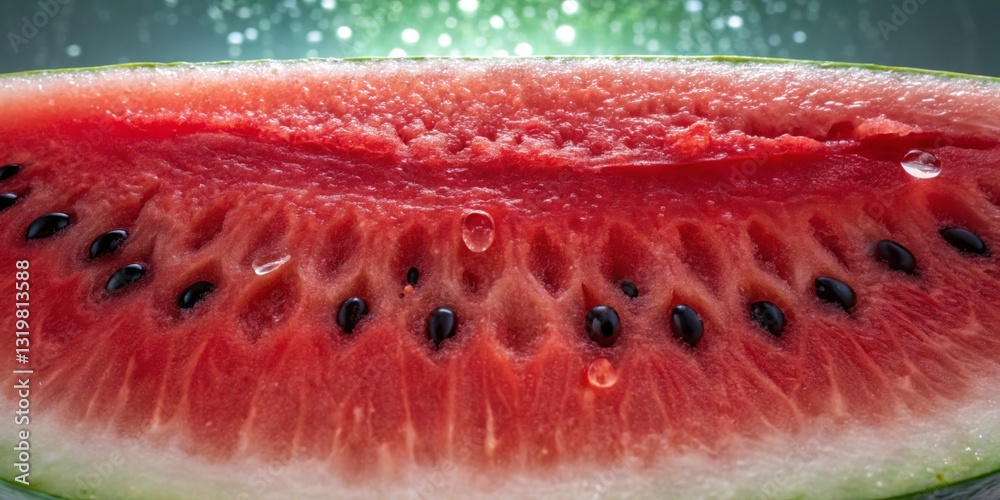 Freshly sliced watermelon with droplets glistening under vibrant lights at a summer gathering