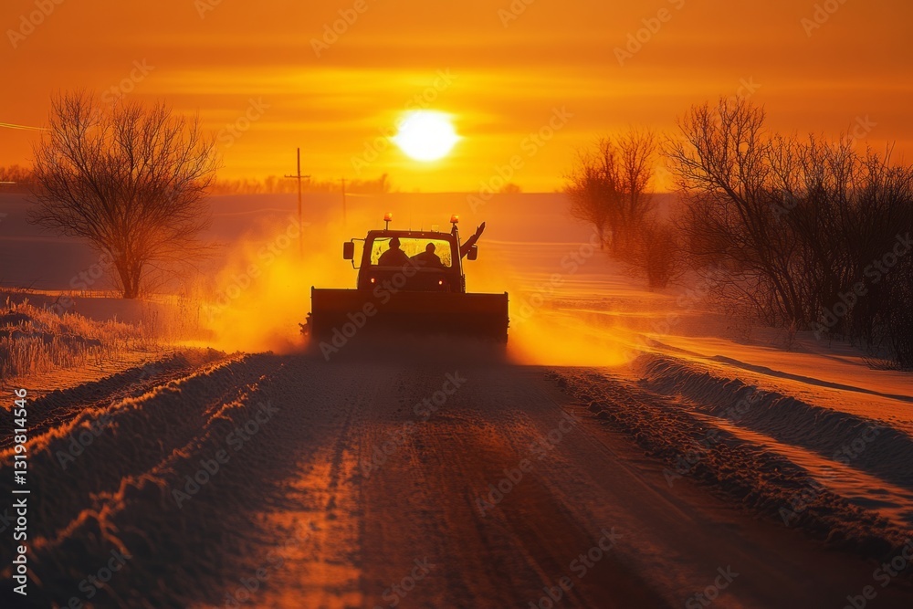 Fototapeta premium A snowplow clearing a rural road at sunrise, with the driver waving to a passing car, creating a sense of community in the harsh winter.Snow removal.Road clearing.Snowplow driver.