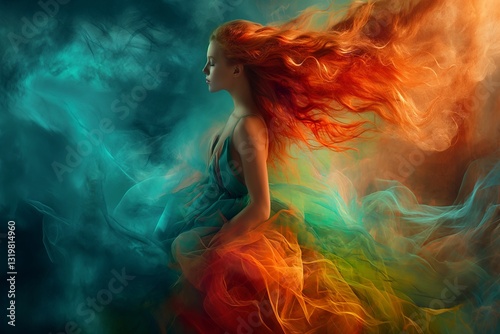 Woman embodies earth's essence with flowing hair and nature-inspired