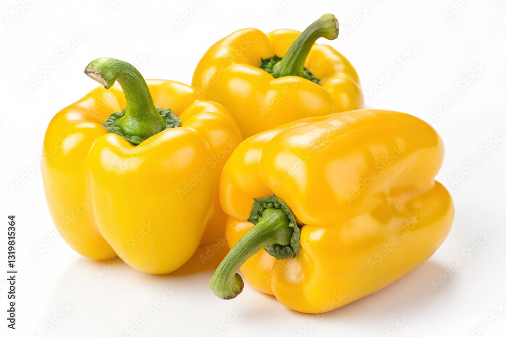 Close-up of three vibrant yellow bell peppers on a white background. Close-up of three vibrant yellow bell peppers on a white background.