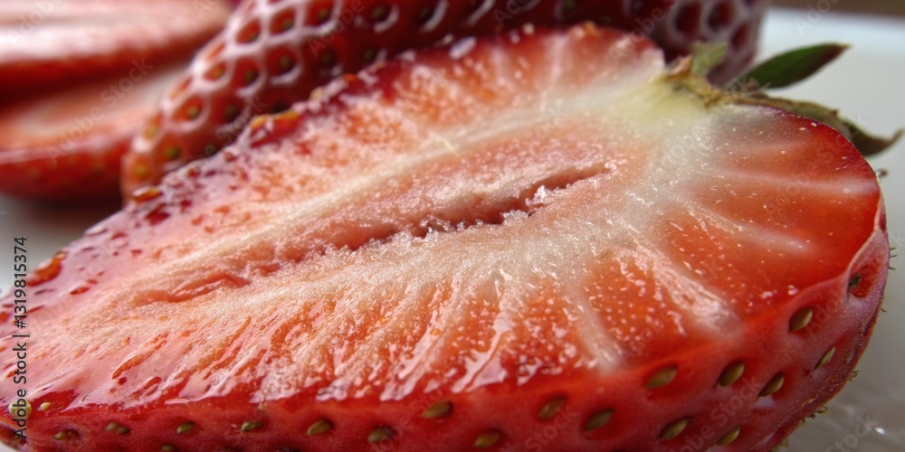 Freshly sliced strawberries on a plate showcasing vibrant colors and natural textures in bright lighting