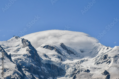 Summit of Mont Blanc mountain (4808 m), the highest mountain in the Alps and Western Europe, located on the French-Italian border, view from Chamonix, Haute Savoie, Auvergne Rhone Alpes, France
