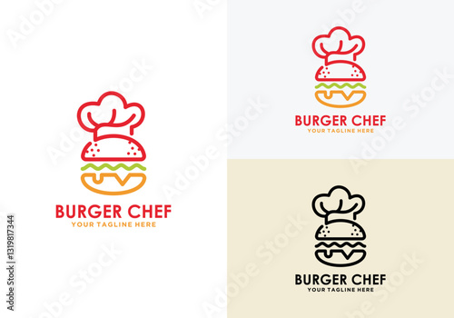 Burger chef logo. chef hat logo with burger combination with simple design line style
