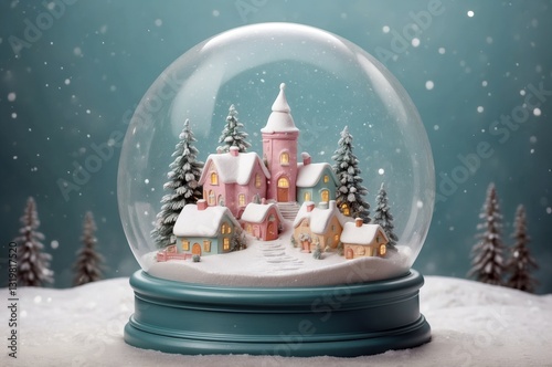Winter wonderland in a snow globe showcasing a charming village with colorful houses and snow-covered trees