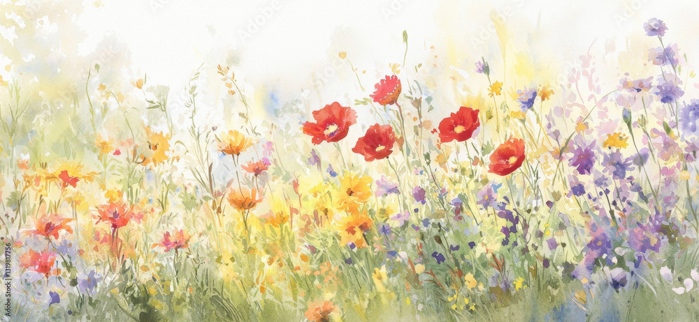 A meadow filled with an abundance of wildflowers in various colors flourishes under bright spring sunlight. The scene captures the beauty of nature in full bloom, creating a serene atmosphere A meadow filled with an abundance of wildflowers in various colors flourishes under bright spring sunlight. The scene captures the beauty of nature in full bloom, creating a serene atmosphere