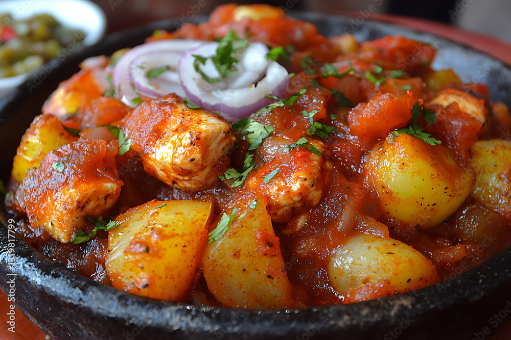 Chicken and potatoes cooked in a tomato-based sauce garnished with red onion and herbs Served in a rustic dark bowl. Chicken and potatoes cooked in a tomato-based sauce garnished with red onion and herbs Served in a rustic dark bowl.