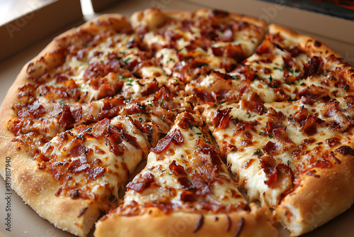 Wallpaper Mural A delicious-looking pizza sliced and ready to eat topped with melted cheese and crispy bacon in a cardboard box. Torontodigital.ca