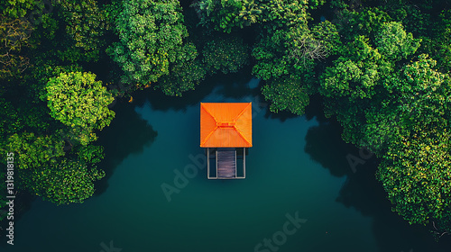 Aerial view of a square orange pavilion with a walkway surrounded by lush green trees and still water.