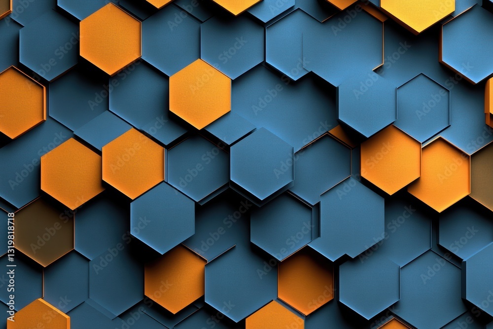 Graphic pattern featuring blue and orange hexagons in a modern design Graphic pattern featuring blue and orange hexagons in a modern design
