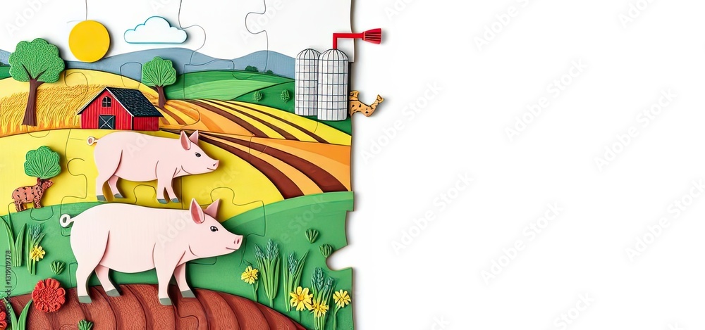 Obraz premium Idyllic Farm Scene Pigs Barn Fields Puzzle Rural Life