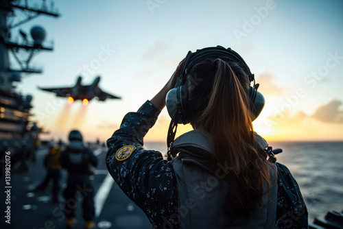 Sunset Launch: A Female Pilot Watches a Fighter Jet Take Off from an Aircraft Carrier