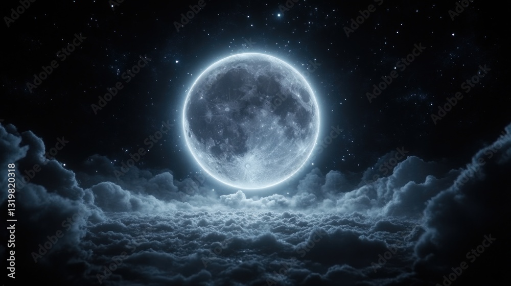Fototapeta premium Enchanted Night: A Full Moon's Serene Embrace Above a Sea of Clouds