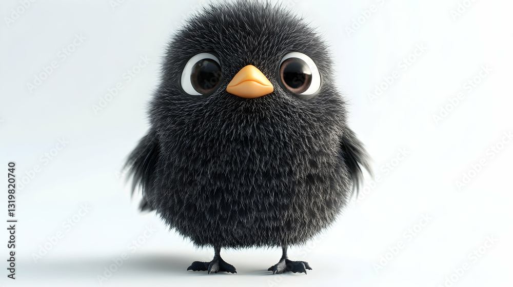 Fototapeta premium Adorable Fluffy Black Bird with Big Eyes and Orange Beak Standing on White Background in Studio Setting