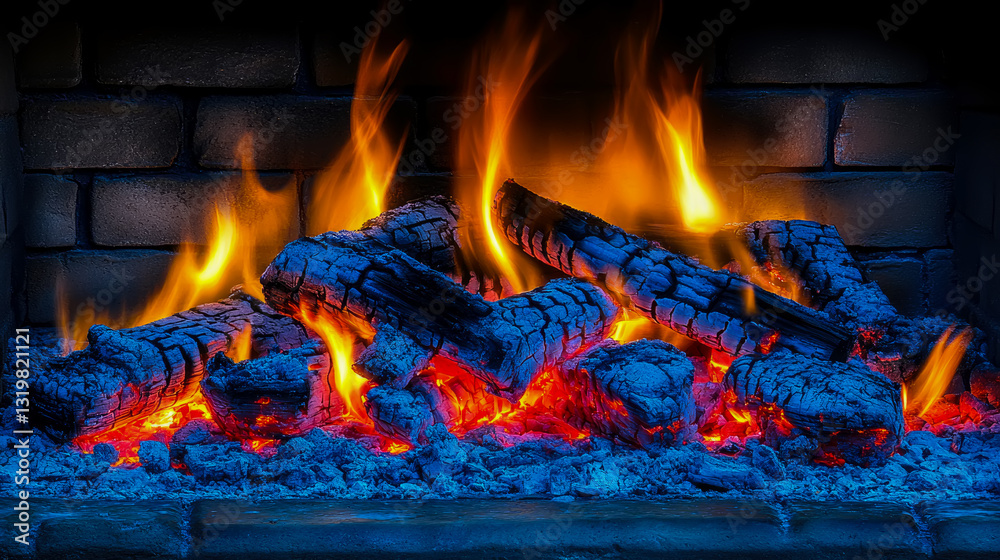 Fototapeta premium Cozy Fireplace with Blazing Flames and Glowing Embers, Holiday Season Warmth, Design for Home Decor & Relaxation