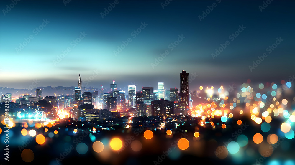 Obraz premium Panoramic View Of Illuminated City Skyline At Night With Colorful Blurred Bokeh Effect In Foreground and Dark Blue Sky
