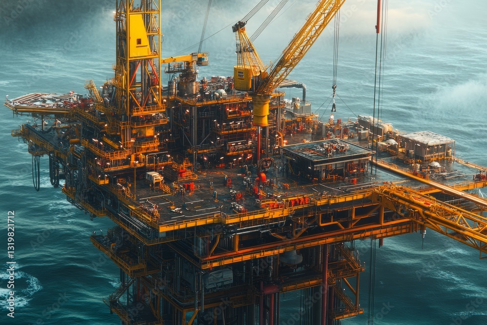 Oil rig workers,offshore workers,drilling crew.An oil rig team operating a crane, moving heavy equipment into place, with intricate machinery and safety lines stretching across the platform Oil rig workers,offshore workers,drilling crew.An oil rig team operating a crane, moving heavy equipment into place, with intricate machinery and safety lines stretching across the platform