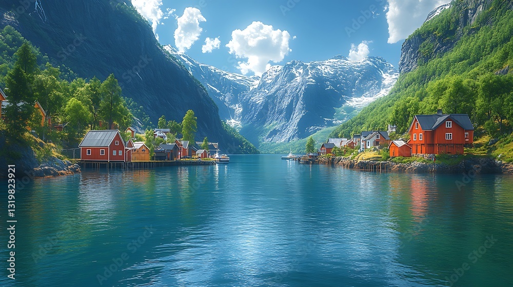 Fototapeta premium Colorful waterfront buildings in Norwegian fjord town photo