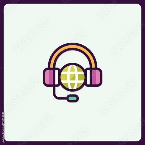 Customer support headset with earth icon, modern minimal design style