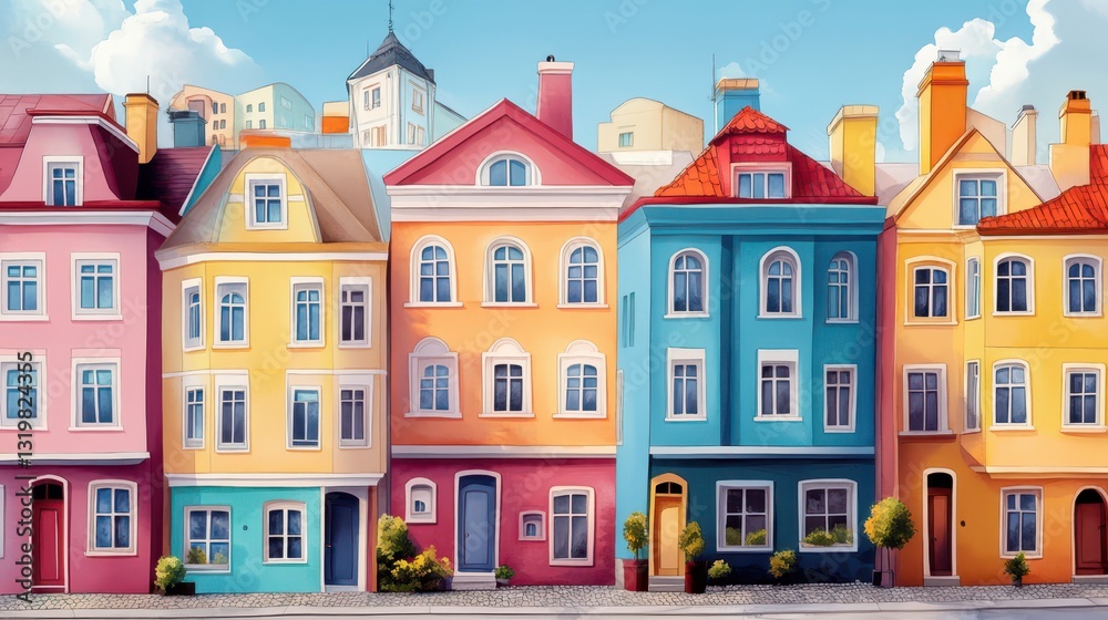 Fototapeta premium Colorful watercolor painting of charming houses with numerous windows on a sunny day