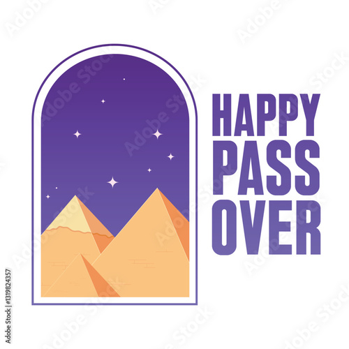 Vector Minimalistic Illustration of Passover Celebrations. Pyramids of Giza, bright sun and Symbolic waves of Red Sea. The Escape from Egypt concept.