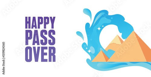 Vector Minimalistic Illustration of Passover Celebrations. Pyramids of Giza, bright sun and Symbolic waves of Red Sea. The Escape from Egypt concept.
