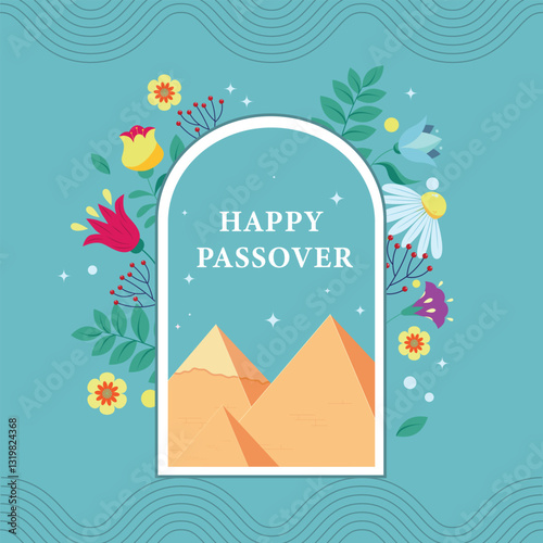 Vector Minimalistic Illustration of Passover Celebrations. Pyramids of Giza, bright sun and Symbolic waves of Red Sea. The Escape from Egypt concept.