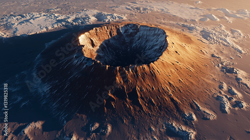 Aerial view of a vast crater mountain on a barren alien planet