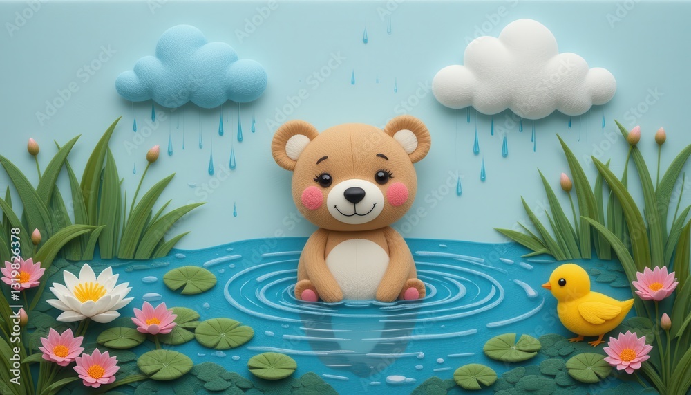 Fototapeta premium Cute Teddy Bear Sitting in a Pond Raining Day Cartoon Illustration