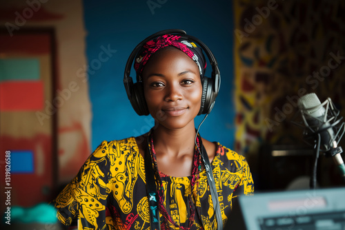 Portrait of a young African woman in a recording studio, wearing headphones and smiling. She is a radio host, podcaster, or content creator.