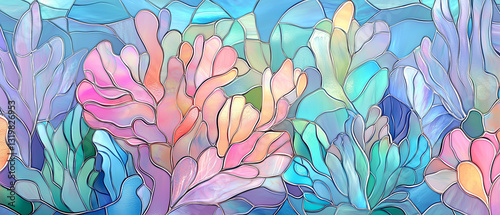 Stunning stained glass inspired abstract artwork with vibrant pastel colors, intricate organic shapes, and a harmonious blend of blue, pink, and purple hues for artistic decor or digital design