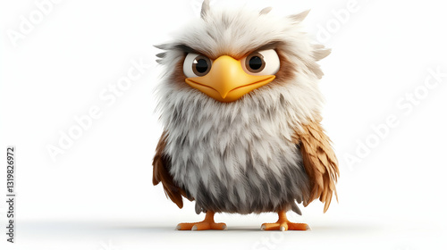 Cartoon Eagle with Fluffy Feathers and Angry Expression on White Background