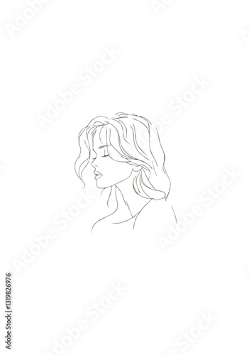 Minimalist Line Drawing of a Woman with Flowing Hair and Closed Eyes in Elegant Monochrome Style